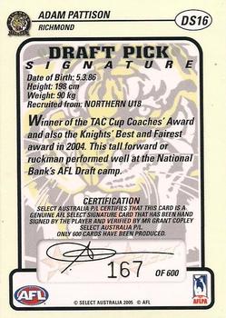 2005 Select Dynasty AFL - Draft Pick Signatures #DS16 Adam Pattison Back